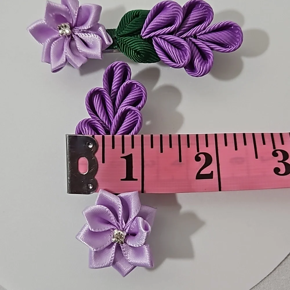 Hand Crafted Purple Barrette Hair Clip Floral Ribbon flowers purple 2- Piece set